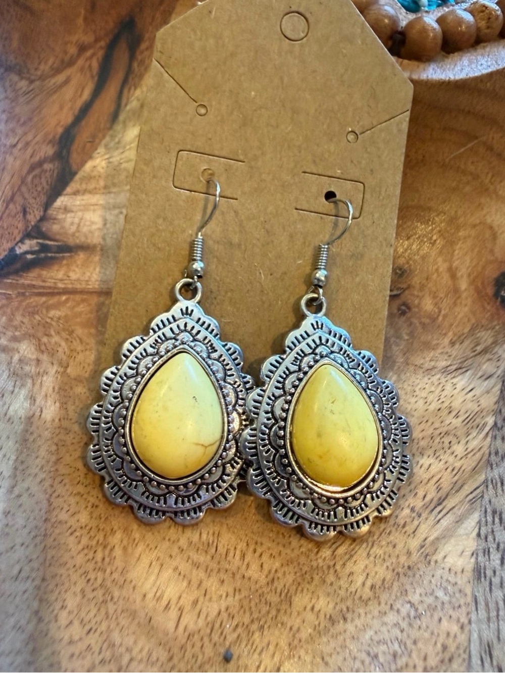 Yellow Teardrop Stone Silver-Tone Filigree Earrings